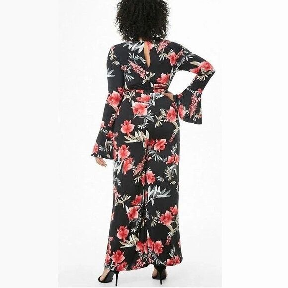 One Clothing Jumpsuit Black Red Floral Knit V-Neck Wide Leg - Women's Size M - Picture 5 of 11